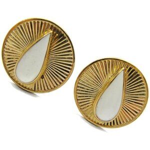 Vintage Cufflinks Round Gold Tone Teardrop White Enamel Center Signed Pat Pend